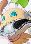  1other black_dress blob blue_eyes bow broom brotecito_(meica) creature dress enmaided frilled_dress frills highres indie_virtual_youtuber iosa_ferran leaf leaf_on_head maid maid_headdress spanish_commentary sprout traditional_media white_background white_bow 
