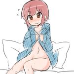  1girl blush bottomless embarrassed female navel nichijou pink_hair rori_(4chan) short_hair sitting solo tachibana_misato undressing wavy_mouth 