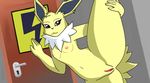  anthro anthrofied breasts door dutch_angle eeveelution female infamousrel jolteon leaning looking_at_viewer nintendo nipples pok&eacute;mon pokeandpenetrate pose pussy raised_leg sign small_breasts solo spread_legs spreading traditional_media_(artwork) video_games 