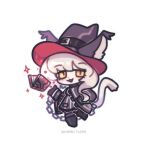  1girl animal_ears arknights book cat_ears cat_tail chain commentary dot_nose dress english_commentary fan_la_norne floating floating_book floating_object full_body hand_in_pocket hat highres long_sleeves looking_at_viewer open_mouth sharktuna simple_background solo sparkle tail white_background witch_hat yellow_eyes 