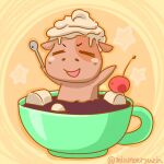  1:1 anthro artist_name asian_mythology blush blush_stickers bovid brown_body candy cel_shading character_prepared_as_food cherry chilled_cowcao chocolate container cup cutlery dairy_products dessert digital_drawing_(artwork) digital_media_(artwork) east_asian_mythology eyes_closed facial_markings food food_on_body food_on_head front_view fruit head_markings holding_spoon japanese_description japanese_mythology kitchen_utensils level-5 mammal markings marshmallow mizunoeryuzin mythology nude open_mouth open_smile partially_submerged plant shaded smile solo spoon text tools whipped_cream yo-kai_watch yokai 