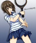  1girl blue_collar blue_skirt brown_eyes brown_hair collar commentary_request eyes_visible_through_hair girls_und_panzer gradient_background hair_between_eyes highres nishizumi_maho one-hour_drawing_challenge open_mouth polo_shirt racket shirt short_hair skirt solo striped_background striped_clothes tennis tennis_racket twitter_username white_shirt zanntetu 