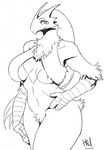  2016 anthro anthrofied armpits avian beak big_breasts blaziken breasts english_text feathers female hair hawkilla hi_res long_hair looking_at_viewer monochrome navel nintendo pok&eacute;mon pok&eacute;morph pubes scales signature simple_background solo text video_games voluptuous white_background wide_hips 