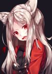  1girl animal_ears black_background black_necktie black_vest blood blood_from_mouth cerberus_(helltaker) demon_tail dog_ears eyes_visible_through_hair fang helltaker long_hair necktie open_mouth red_eyes red_shirt shirt sidelocks solo tail tekitan_loli vest white_hair 