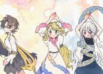  3girls asymmetrical_wings black_dress black_hairband blonde_hair blue_dress brown_hair brown_mask closed_mouth dress frilled_dress frilled_sleeves frills gradient_clothes gradient_dress grey_skirt hair_between_eyes hair_ornament hairband half_mask itomugi-kun iwanaga_ariya long_hair long_hair_between_eyes looking_at_viewer mask mask_over_one_eye multiple_girls open_mouth red_eyes ribbon_around_body shell shell_hair_ornament shirt short_hair skeletal_clothes skeletal_tail skeletal_wings skirt sleeveless sleeveless_dress smile stone_skirt tail touhou turtleneck turtleneck_dress very_long_hair watari_nina white_dress white_shirt wings yuiman_asama 