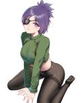  1girl absurdres breasts buttons chrome_dokuro commentary_request cropped_shirt eyepatch green_shirt highres katekyo_hitman_reborn! katsuboys long_sleeves pantyhose purple_eyes purple_hair shirt short_hair solo white_background 