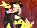  2016 anthro black_sclera blue_eyes breasts clothing costume digimon dipstick_tail dress duo fangs female fur halloween hat holidays kyubimon legwear multi_tail multicolored_tail navel neck_tuft open_mouth open_smile outside panties renamon smile smoaer thigh_highs tuft underwear witch_hat yellow_fur 