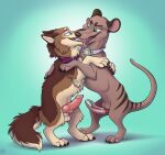 2_penises animal_genitalia animal_penis balls black_claws black_pawpads bodily_fluids brown_nose canid canine canine_genitalia canine_penis canis claws collar collar_only dasyuromorph domestic_dog duo erection eye_contact fangs feral feral_on_feral french_kissing fur genitals green_background green_eyes hi_res interspecies kissing knot knotted_penis looking_at_another male male/male mammal marsupial mimi-fox multi_genitalia multi_penis multicolored_body multicolored_fur nude on_hind_legs open_mouth pawpads penis pink_penis recently_extinct_species saliva sheath simple_background snout tail teeth thylacine tongue tongue_out