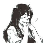  akagi_(kantai_collection) closed_eyes eating food food_in_mouth food_on_face greyscale hatching_(texture) heart kantai_collection long_hair monochrome muneate shiori_lee_jeng smile solo upper_body 