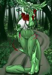  alien big_breasts breasts female forest fur furball green_fur green_skin horn nipples nokuri nude pussy red_skin solo tree white_fur 
