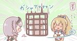  2girls :d ^^^ ^_^ braid breasts brown_hair cage chibi cleavage cleavage_cutout closed_eyes clothing_cutout controller dark-skinned_female dark_skin door elf emphasis_lines hair_between_eyes headpiece hololive medium_breasts mitarashi_neko multicolored_hair multiple_girls pointy_ears ponytail remote_control shiranui_flare shiranui_flare_(old_design) shirogane_noel shirogane_noel_(1st_costume) single_thighhigh smile streaked_hair thighhighs translation_request virtual_youtuber white_hair white_thighhighs 