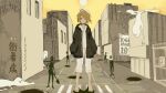  1girl bags_under_eyes bandaged_head bandages barefoot black_jacket bow bruise bruise_on_face building city collarbone crosswalk flat_chest ghost hair_bow hospital_gown injury jacket kagamine_rin ladder looking_at_viewer moa_(fade64222) monochrome_background outdoors oversized_clothes phone_booth road short_hair silhouette sky sleeves_past_fingers sleeves_past_wrists standing street sun vocaloid white_bow yellow_sky 
