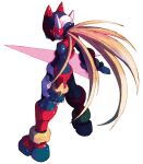  1boy android armor black_bodysuit blonde_hair blue_gem bodysuit commentary energy_sword english_commentary facing_away fingerless_gloves floating_hair forehead_jewel from_behind frown full_body gem gloves helmet holding holding_sword holding_weapon long_hair looking_back mega_man_(series) mega_man_zero_(series) mega_man_zero_3 nakayama_tooru official_art omega_(mega_man) omega_(third_form)_(mega_man) red_armor red_eyes red_helmet simple_background solo standing sword very_long_hair weapon white_background z_saber 