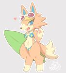  1girl animal_crossing artist_logo audie_(animal_crossing) bikini blue_bikini blue_eyes floral_print furry furry_female grey_background heart highres holding holding_surfboard logo nyaswitchnya orange_fur red-tinted_eyewear sunglasses surfboard swimsuit tinted_eyewear waving wolf wolf_girl 