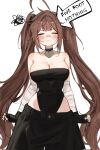  1girl ahoge arrow_(symbol) bandaged_arm bandages bandaid bandaid_on_face bare_hips bare_shoulders black_choker black_leotard black_pants blush breasts brown_hair choker cleavage closed_eyes closed_mouth commentary english_commentary fingerless_gloves gloves heart heart-shaped_lock heart_ahoge highres huge_ahoge indie_virtual_youtuber large_breasts leotard long_hair lowleg lowleg_pants pants simple_background sky_above_me sky_above_me_(vtuber) solo twintails very_long_hair virtual_youtuber white_background 