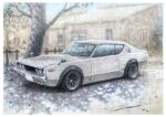  building car colored_pencil_(medium) commentary_request day fence highres motor_vehicle nissan nissan_skyline nissan_skyline_c110 nissan_skyline_gt-r no_humans original outdoors road shin_iroenpitsu traditional_media tree tree_shade vehicle_focus white_car wooden_fence 