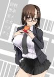  book breasts brown_eyes brown_hair eyebrows eyebrows_visible_through_hair formal glasses highres karui_ritsuko large_breasts light_smile long_hair looking_at_viewer necktie original raised_eyebrows red-framed_eyewear skirt solo suit thighs tokihama_jirou 