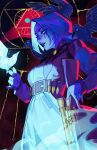  1girl belt bird bird_on_hand blue_eyes blue_hair blue_sclera blue_skin braid bullet colored_sclera colored_skin commentary crow deadlock_(game) dress english_commentary facial_mark forehead_mark glowing_bird gun highres holding holding_gun holding_weapon lips long_hair looking_at_animal makeup nose parted_lips qtori rifle runny_makeup sniper_rifle very_long_hair vindicta_(deadlock) weapon 