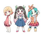  :d aqua_hair backpack bag bandaid bandaid_on_knee barefoot black_hair blonde_hair bloomers blush chibi closed_mouth dress eyebrows fang frown full_body green_eyes green_ribbon hachikuji_mayoi hair_ribbon hat head_tilt kneehighs long_hair looking_at_viewer monogatari_(series) multiple_girls ononoki_yotsugi open_mouth orange_shirt oshino_shinobu red_dress red_eyes red_footwear ribbon shirt shoes short_hair short_sleeves simple_background sleeveless sleeveless_dress smile striped striped_legwear tonmoh twintails underwear v v-shaped_eyebrows white_background white_legwear white_shirt yellow_eyes 