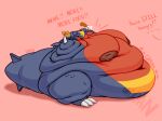2026 anthro areola bagel belly big_areola big_belly big_cheeks big_moobs big_nipples big_tail black_mouth black_sclera blobby blue_body blue_ears bread cel_shading chicken_leg chubby_cheeks claws colored deep_navel dialogue digital_media_(artwork) english_text fat_rolls food garchomp generation_4_pokemon groan groaning_belly hi_res holding_food holding_object huge_areola huge_belly huge_cheeks huge_moobs huge_nipples huge_tail huge_thighs hyper hyper_areola hyper_belly hyper_moobs hyper_nipples hyper_tail hyper_thighs male moobs morbidly_obese morbidly_obese_anthro morbidly_obese_male multicolored_body navel nintendo nipples obese obese_anthro obese_male onomatopoeia open_mouth overweight overweight_anthro overweight_male pink_background pokemon pokemon_(species) red_areola red_body red_nipples rumbling_stomach shaded simple_background slosh sloshing_tail sloshyjoshy solo sound_effects spikes spikes_(anatomy) tail talking_to_another text thick_thighs weight_gain white_claws yellow_body yellow_eyes