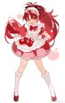  1girl absurdres ankle_socks apple apron apron_hold back_bow blush bow bowtie commentary dress enmaided fang floating_hair food footwear_bow frilled_apron frilled_socks frills fruit full_body gloves high_heels highres legs_apart long_hair looking_at_viewer mahou_shoujo_madoka_magica mahou_shoujo_madoka_magica_(anime) maid maid_apron maid_headdress nekachew open_mouth ponytail puffy_short_sleeves puffy_sleeves pumps red_bow red_bowtie red_dress red_eyes red_hair sakura_kyoko short_sleeves simple_background socks solo standing very_long_hair waist_apron watermark weibo_watermark white_apron white_background white_gloves 