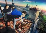  2boys arsene_lupin_iii battlement belt belt_buckle black_eyes black_hair black_hat black_jacket black_pants black_shirt blue_jacket blue_sky brown_hair brown_shoes buckle castle cigarette closed_mouth cloud cloudy_sky commentary_request covered_eyes dress_shoes facial_hair fedora fog from_above hand_hair hat hat_over_eyes holding holding_jacket holding_unworn_clothes horizon jacket jigen_daisuke key_visual landscape lens_flare long_sleeves lupin_iii lupin_iii_part_4 male_focus medium_sideburns mountain multiple_boys necktie official_art one_eye_closed open_clothes open_jacket outdoors pants promotional_art purple_shirt red_necktie rooftop scenery shirt shoes short_hair sideburns sky smile smoking sun sunlight sunrise tie_clip tile_roof tower tree unworn_jacket watch white_necktie white_pants wide_shot wristwatch 