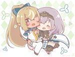  2girls :d ;d ^_^ argyle_background armored_boots black_boots black_shoes blue_bow blue_dress blush boots bow breasts brown_hair checkered_clothes chibi closed_eyes commentary_request dark-skinned_female dark_skin dress elf grey_hair hair_bow hololive large_breasts long_sleeves mitarashi_neko multicolored_hair multiple_girls one_eye_closed pleated_dress pointy_ears ponytail red_eyes shiranui_flare shiranui_flare_(old_design) shirogane_noel shirogane_noel_(1st_costume) shoes single_thighhigh smile streaked_hair thighhighs virtual_youtuber white_hair white_shoes white_thighhighs wide_sleeves 