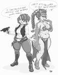  2016 alicia_acorn anthro big_breasts breasts chipmunk cleavage clothed clothing costume daughter dialogue duo english_text female gun halloween holidays mammal mature_female mother mother_and_daughter navel parent ranged_weapon rodent sally_acorn snao sonic_(series) text weapon 