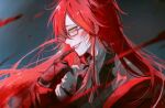  1girl absurdres arm_strap black_gloves blood blood_on_face blood_on_hands blue_background blush chromatic_aberration coat coat_partially_removed commentary eyewear_strap finger_to_mouth from_side glasses gloves green_eyes grell_sutcliff grin hair_between_eyes hen_hen highres kuroshitsuji long_hair long_sleeves motion_blur neck_ribbon profile red-framed_eyewear red_coat red_hair reverse_trap ribbon sharp_teeth shirt sidelocks smile solo striped_ribbon teeth untranslatable_commentary upper_body vest white_shirt 