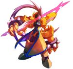  1boy android armor black_armor bracelet claws coattails commentary energy_sword english_commentary floating_arms full_body gold_armor hand_on_handle highres holding holding_sword holding_weapon huge_weapon jewelry long_hair mecha mecha_focus mega_man_(series) mega_man_zero_(series) mega_man_zero_3 nakayama_tooru official_art omega_(first_form)_(mega_man) omega_(mega_man) plume purple_hair robot simple_background solo spiked_bracelet spikes standing sword sword_on_back tailcoat two-tone_armor very_long_hair weapon weapon_on_back white_background 
