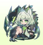  1girl animal_ear_fluff animal_ears arknights arm_support boots bright_pupils brown_boots closed_mouth dress full_body green_dress green_eyes jacket kal'tsit_(arknights) looking_at_viewer mon3tr_(arknights) mon3tr_(summon)_(arknights) sharktuna short_hair signature white_jacket white_pupils 