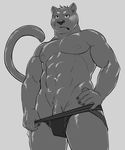  abs anthro blush clothing feline grey_background jockstrap male mammal monochrome muscular oak orchish_(pixiv) pecs penis simple_background solo teasing underwear undressing 