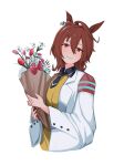  1girl absurdres agnes_tachyon_(tach-nology)_(umamusume) agnes_tachyon_(umamusume) animal_ears black_necktie black_shirt bouquet brown_hair chemical_structure closed_mouth coat collared_shirt commentary_request earrings flower hair_between_eyes highres holding holding_bouquet horse_ears horse_girl jewelry lab_coat long_sleeves messy_hair necktie red_eyes shirt short_necktie simple_background single_earring smile solo sweater totwo umamusume upper_body white_background white_coat wide_sleeves yellow_sweater 