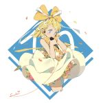  1girl anniversary bare_arms bare_shoulders blonde_hair blue_eyes bow braid braided_bangs confetti earbuds earphones flower flower_dress flower_underskirt hand_on_own_face happy_birthday holding holding_microphone huge_bow kagamine_rin microphone open_mouth orange_bow orange_flower orange_rose pink_flower pink_rose plaid_bow rose signature solo swept_bangs vocaloid white_bow xiao_chichi yellow_flower yellow_rose 