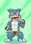  abs barefoot blush bulge clothed clothing cute_fangs digimon embarrassed fist front_view full-length_portrait gloves husky_(artist) looking_at_viewer male muscular navel nipples open_mouth pecs plantigrade portrait scalie solo speedo spread_legs spreading standing swimsuit topless veemon wide_eyed 