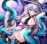  1girl bad_id bad_twitter_id bar_censor black_boots black_hat black_necktie black_thighhighs blank_censor blush boots breasts censored clothing_aside emil_chronicle_online flipped_hair grey_thighhighs hat heart imminent_penetration jacket kamishibaiya_iris kumakou leotard leotard_aside long_hair looking_at_viewer medium_breasts mismatched_thighhighs necktie nipples open_clothes open_jacket open_mouth penis_tentacle purple_background purple_eyes raised_inner_eyebrows spoken_heart sweatdrop tentacles thighhighs top_hat two-tone_hat undressing white_hair white_hat white_jacket white_leotard 