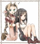  :o aerith_gainsborough ankle_boots black_hair blush boots border bow braid brown_eyes brown_hair crop_top cropped_jacket dress earrings eighth_note final_fantasy final_fantasy_vii fingerless_gloves gloves graphite_(medium) green_eyes hair_bow hairdressing highres jewelry kneeling leg_hug long_hair looking_at_viewer low-tied_long_hair mare_(pixiv) midriff mixed_media multiple_girls musical_note outside_border pink_dress simple_background single_braid sitting sketch skirt suspender_skirt suspenders tank_top tifa_lockhart traditional_media 