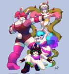 2022 5_fingers anthro armband artist_name bangs bedrock_(mario_plus_rabbids) bent_arm bent_leg bent_legs big_breasts big_butt black_boots black_clothing black_fingerless_gloves black_footwear black_gloves black_hair black_handwear black_jacket black_topwear black_wrestling_singlet black_wristband blonde_highlights blue_background blue_eyes blue_hair blue_lips boots breasts butt cleavage clothed clothed_anthro clothed_female clothing colored crossover crouching daphne_(mario_plus_rabbids) digital_drawing_(artwork) digital_media_(artwork) dress edge_(mario_plus_rabbids) elemental_creature english_description eyebrows eyelashes eyeliner fangs featureless_crotch female female_anthro fingerless_gloves fingers fist flora_fauna footwear freckled_face freckles fully_clothed fully_clothed_anthro fully_clothed_female fur gesture ghost gloom_arts gloves green_clothing green_eyebrows green_footwear green_hair green_hat green_headwear green_shirt green_shoes green_topwear group hair hair_over_eyes half-closed_eyes hand_gesture handwear hat headgear headwear hi_res highlights_(coloring) hybrid jacket lagomorph legless legwear light lighting lips long_ears long_hair looking_at_viewer makeup mammal mario_bros mario_plus_rabbids_sparks_of_hope medium_breasts midnite_(mario_plus_rabbids) mineral_fauna multicolored_clothing multicolored_dress multicolored_hair narrowed_eyes nintendo no_pupils noseless open_clothing open_jacket open_mouth open_smile open_topwear pantsless_anthro pantsless_female pigtails pink_armband pink_boots pink_clothing pink_footwear pink_hair pink_legwear pink_shirt pink_thigh_highs pink_topwear plant pointing pose pupils purple_clothing purple_dress purple_eyelids purple_eyeliner purple_eyes purple_hair purple_lips purple_shirt purple_tank_top purple_topwear rabbid raised_hands raving_rabbids rayman_(series) red_eyes red_tongue rock rock_creature scut_tail shaded shirt shoes short_hair short_tail simple_background size_difference sleeves_past_fingers slit_pupils smaller_female smile smiling_at_viewer spark_hunter spiky_hair spirit standing straight_arms tail tan_body tan_inner_ear tan_skin tank_top teeth text thick_lips thick_thighs thigh_highs thorns tongue topwear torn_tank_top two_tone_hair ubisoft vines white_background white_body white_fur white_tail wrestling_singlet