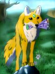 absurd_res ambiguous_gender asian_pigeonwings_(flower) big_tail bloom bouquet brown_eyes canid canine canis chrysanthemum cloud detailed_background edelweiss feral flower fluffy forehead_gem fur gem glistening glistening_eyes glistening_nose glowing_gem grass green_gem hi_res holding_object_in_mouth inner_ear_fluff isan mammal multicolored_body myrtle_(flower) object_in_mouth orchid_(flower) outside pansy_(flower) plant rue solo standing standing_on_rock stellaamoris tail tan_body tan_coundershading tan_fur tan_inner_ear_fluff tent tree tuft tulip_(flower) two_tone_body two_tone_tail violet_(flower) wolf yellow_body yellow_fur yellow_tail