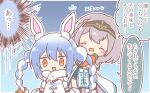  2girls :d ^_^ animal_ear_fluff animal_ears black_gloves black_leotard black_thighhighs blue_dress blue_hair blush bow braid carrot_hair_ornament chibi closed_eyes commentary_request detached_sleeves don-chan_(usada_pekora) dress food-themed_hair_ornament fur-trimmed_gloves fur_trim gloves grey_hair hair_bow hair_ornament headpiece hololive leotard mitarashi_neko multicolored_hair multiple_girls notice_lines orange_eyes pleated_dress polka_dot polka_dot_background puffy_short_sleeves puffy_sleeves rabbit_ears shirogane_noel shirogane_noel_(1st_costume) short_sleeves smile strapless strapless_dress strapless_leotard thighhighs translation_request twin_braids twintails two-tone_hair usada_pekora usada_pekora_(1st_costume) virtual_youtuber white_bow white_dress white_hair white_sleeves 