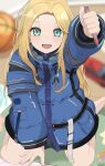 1girl :d absurdres aqua_eyes arms_up bare_legs barefoot basketball bdone blonde_hair blue_coat blurry blurry_background blush coat commentary diana_(pragmata) drawstring english_commentary full_body highres kanadeho kneeling long_hair long_sleeves looking_at_viewer open_mouth padded_coat pragmata puffy_coat puffy_long_sleeves puffy_sleeves sleeves_past_wrists smile solo 