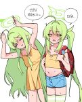  2girls absurdres arms_up backpack bag blue_archive blue_shorts blush camisole closed_eyes commentary_request crime_prevention_buzzer dress green_hair green_thighhighs highleg highleg_panties highres hikari_(blue_archive) hot je_o_mo korean_commentary korean_text looking_at_viewer multiple_girls navel nose_blush nozomi_(blue_archive) panties panty_straps parted_lips pointy_ears rabbit_pose randoseru red_bag shorts simple_background speech_bubble striped_clothes striped_thighhighs sweat sweatdrop thighhighs translation_request twintails underwear white_background yellow_camisole yellow_dress yellow_eyes 