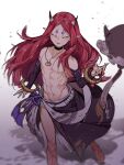  1boy abs arm_up armband bare_pectorals bare_shoulders bishounen black_choker black_sleeves bracelet choker closed_eyes closed_mouth collarbone commentary demon_horns facing_viewer floating floating_object gold_ring groin hip_bones horns hoshiguma_douji_(onmyoji) jewelry large_ring leg_tattoo long_hair long_sleeves male_focus md5_mismatch muscular muscular_male navel necklace nipples onmyoji pectorals pointy_ears purple_armband red_hair resolution_mismatch ribs single_bare_leg smile soul_(tamashii) source_larger stomach tattoo thick_eyebrows thighs toned toned_male very_long_hair white_background 