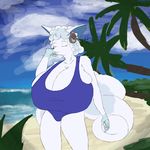  2016 alolan_vulpix anthro beach big_breasts breasts bxulnooxgard camel_toe clothing curly_hair eyes_closed female gloves_(marking) hair headphones huge_breasts hyper hyper_breasts markings musical_note nintendo one-piece_swimsuit outside palm_tree pok&eacute;mon seaside swimsuit thick_thighs tree video_games vulpix 
