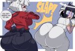 absurd_res angel azazel_(helltaker) big_butt biped breasts butt butt_envy butt_slap clothed clothing demon demon_humanoid dotodonoto duo female female/female hair helltaker hi_res horn horned_humanoid huge_butt humanoid lucifer_(helltaker) rear_view red_eyes shirt slap spanking tail tailed_humanoid text thick_thighs thought_bubble topwear white_hair