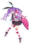  absurdres artist_request character_request dual_wielding full_body hairband highres holding holding_sword holding_weapon jacket kansen_x_shoujo long_hair official_art pink_eyes purple_hair shoes simple_background smile sneakers solo striped striped_legwear suspenders sword thighhighs weapon white_background 