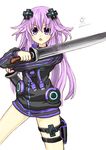  5555_96 absurdres adult_neptune d-pad d-pad_hair_ornament hair_ornament highres hood jacket long_hair looking_at_viewer neptune_(series) purple_eyes purple_hair shin_jigen_game_neptune_vii solo sword track_jacket weapon 