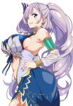  1girl absurdres armpit_crease blue_dress blue_eyes blue_nails blue_ribbon breasts clothing_cutout commentary_request dress grey_hair highres hololive hololive_indonesia irodori_drawpic large_breasts long_hair navel pavolia_reine pavolia_reine_(1st_costume) ponytail ribbon simple_background solo stomach_cutout virtual_youtuber white_background 