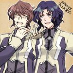  2boys agnes_berge blue_hair brown_hair eyes_closed jin_spencer laughing male_focus multiple_boys open_mouth smile super_robot_wars super_robot_wars_ux 