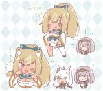  >_< 3girls :d ahoge animal_ear_fluff animal_ears argyle_background asymmetrical_footwear black_shoes blue_bow blush bow braid breasts brown_hair cat_ears cat_girl cat_tail cleavage cleavage_cutout closed_eyes closed_mouth clothing_cutout commentary_request crying dark-skinned_female dark_skin elf fox_ears grey_hair hair_between_eyes hair_bow headpiece highres hololive kemonomimi_mode large_breasts mismatched_footwear mitarashi_neko multicolored_hair multiple_girls notice_lines pointy_ears ponytail red_eyes shirakami_fubuki shirakami_fubuki_(1st_costume) shiranui_flare shiranui_flare_(old_design) shirogane_noel shirogane_noel_(1st_costume) shoes single_thighhigh smile streaked_hair tail tears thighhighs translation_request white_hair white_shoes white_thighhighs xd 